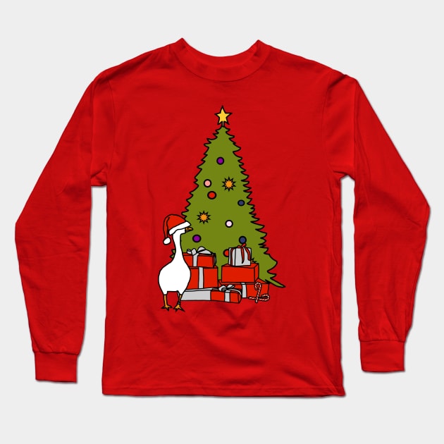 Goose with Stolen Santa Hat by Christmas Tree Long Sleeve T-Shirt by ellenhenryart